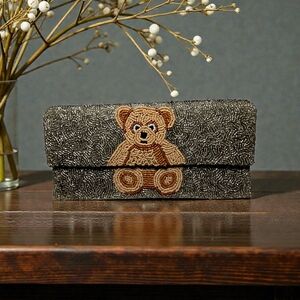 Rachel Zoe 3 Pc Set Beadded Silver and Brown Teddy Bear Clutch Card Case & Charm